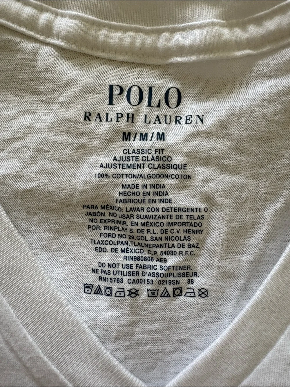 Polo by Ralph Lauren White V-Neck Tee with Navy Pony Accent Mens Size Medium
